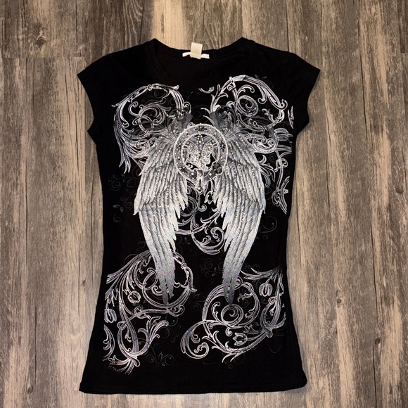 Vintage Y2K gothic / angel wings tee - small - Picture 1 of 5